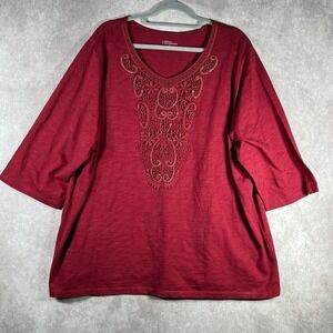 Liz & Me For Catherines Top Women 2X 22/24W Red Crochet Short Sleeve Casual